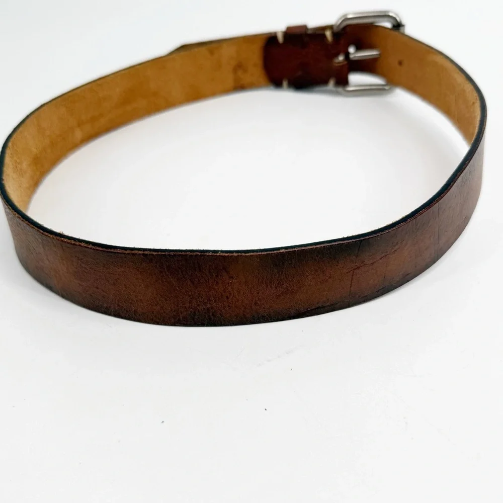Genuine Leather Burnished Brown Belt with Rectangular Silver Buckle, Size 32